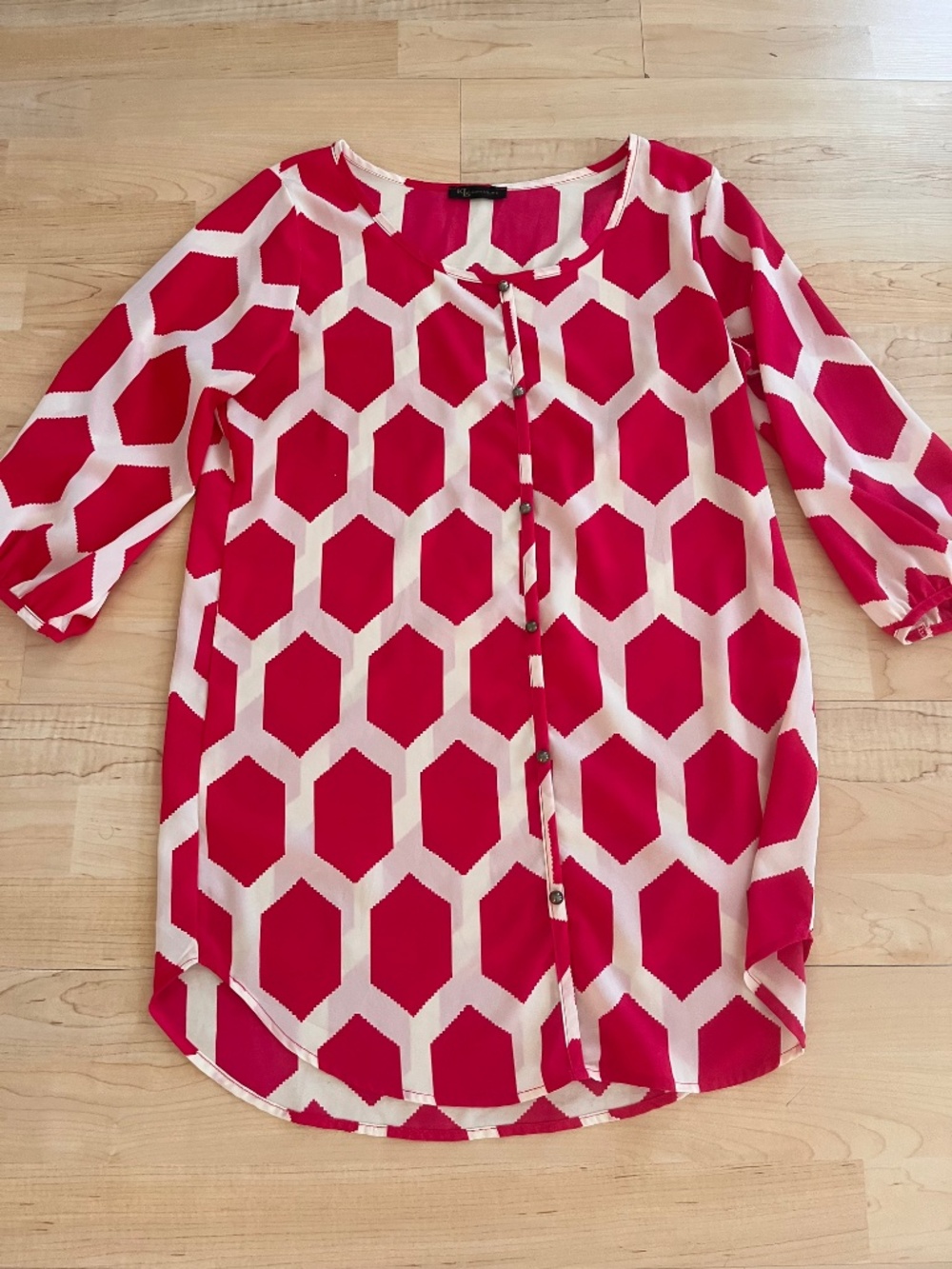 Women’s K LD Signature Pink & White Retro Blouse Top Shirt Honeycomb Button Down - Picture 3 of 7
